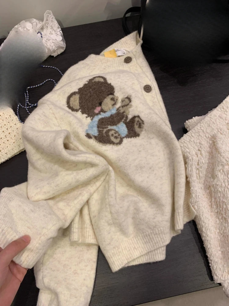 Preppy Style Kawaii Cute Casual Cardigans Y2k Aesthetic Women Knitted Cartoon Jacquard Tops Harajuku Single Breasted Loose Coats