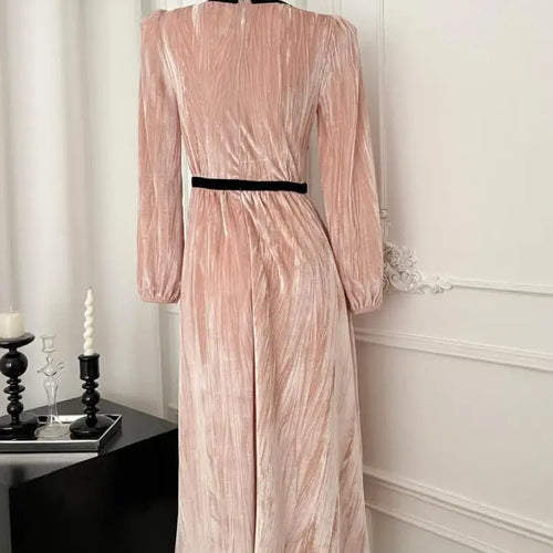 Load image into Gallery viewer, French Retro Women Pink Velvet Patchwork Slim Bow Dress Autumn Winter Long Sleeved High Waist Pleated Evening Party Dress Trendy
