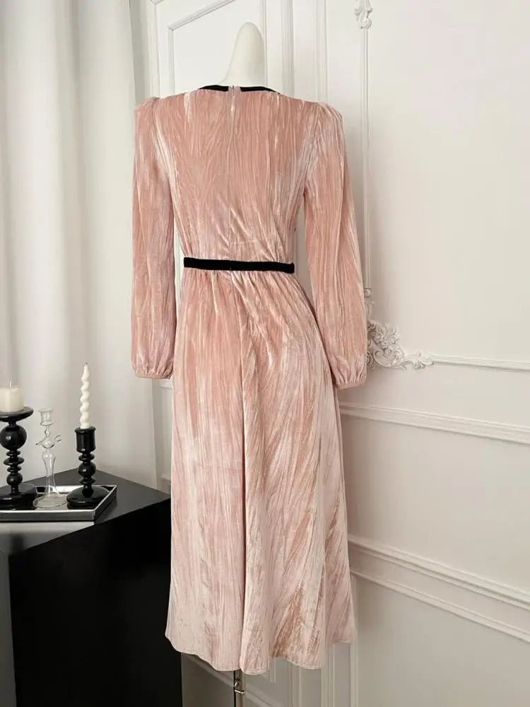French Retro Women Pink Velvet Patchwork Slim Bow Dress Autumn Winter Long Sleeved High Waist Pleated Evening Party Dress Trendy