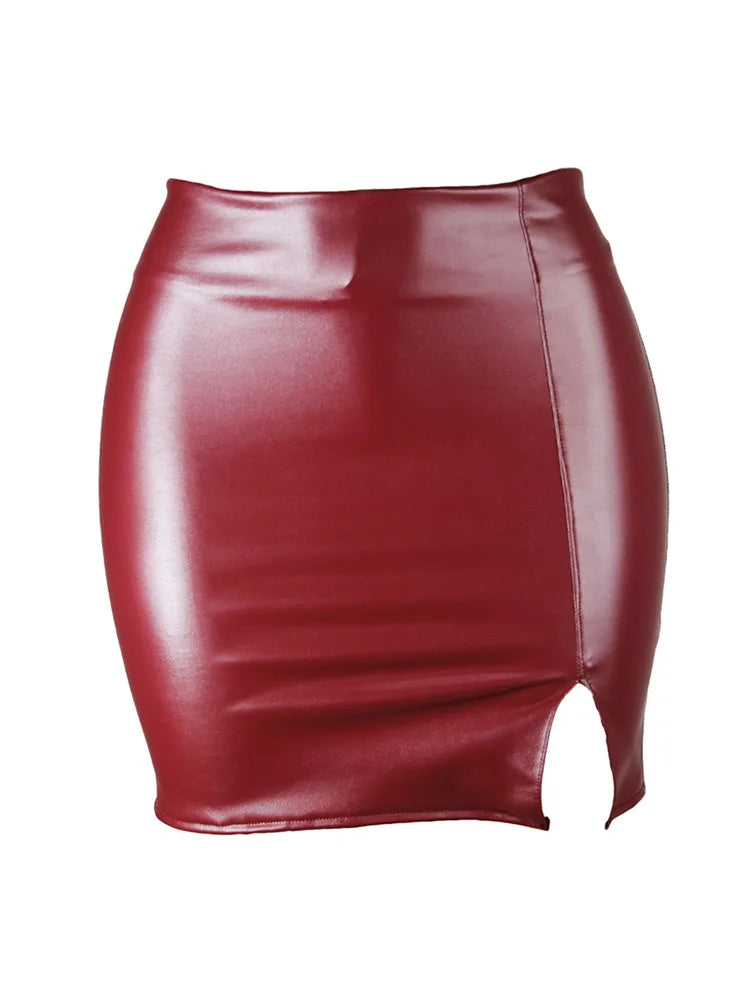 Women Leather Night Clubwear Skirts Summer Pure Color PU-leather Zipper Sexy Hip Leather Mini Skirts