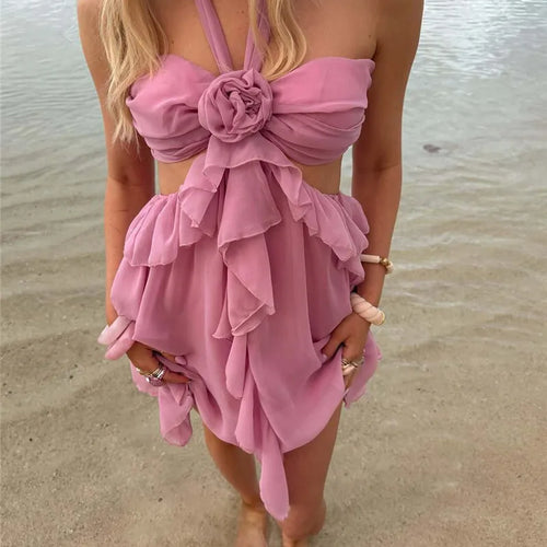 Load image into Gallery viewer, Rose Halter Backless Sexy Mini Dress Women Pink Off-shoulder Strapless Sleeveless High Waist Club Party Beach Dress
