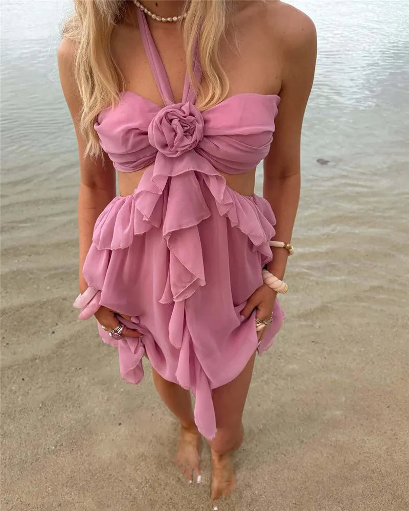 Rose Halter Backless Sexy Mini Dress Women Pink Off-shoulder Strapless Sleeveless High Waist Club Party Beach Dress