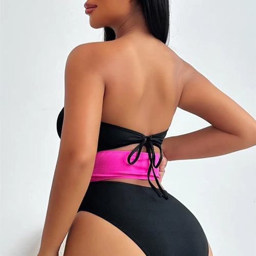 Load image into Gallery viewer, Block Color Cut Out Bandeau Metal Rings Women Swimwear One Piece Swimsuit 2024 Bathing Suit High Waist Monokini
