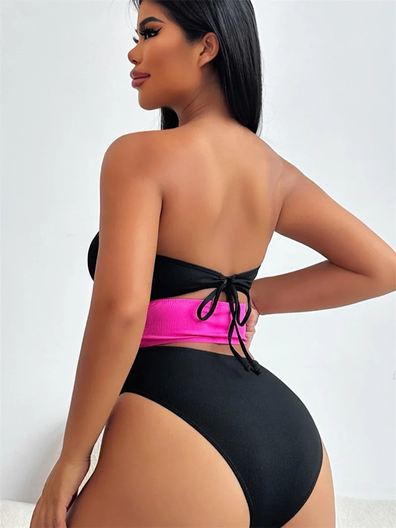 Block Color Cut Out Bandeau Metal Rings Women Swimwear One Piece Swimsuit 2024 Bathing Suit High Waist Monokini