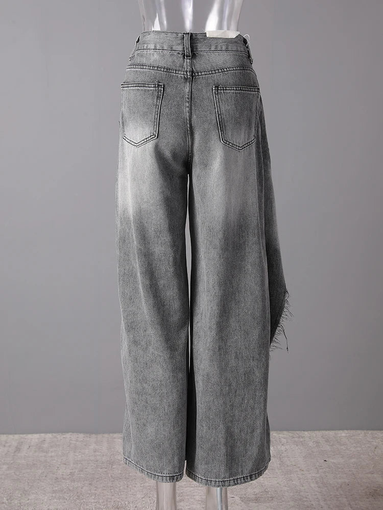 High Waist Light Gray Irregular Burr Denim Wide Leg Jeans New Women Trousers Fashion Tide Spring Autumn 2025 CPG3158