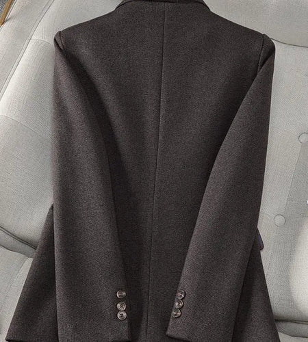 French Women Grey Temperament Long Sleeve Slim Woolen Blazer Coat Fashion 2024 New Autumn Winter Ladies Brown Office Button Tops