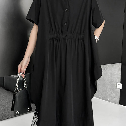 Load image into Gallery viewer, Women Black Side Slit Irregular Big Size Midi Shirt Dress New Lapel Short Sleeve Fashion Tide Spring Summer 2025 1DJ1121
