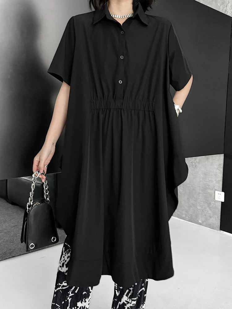 Women Black Side Slit Irregular Big Size Midi Shirt Dress New Lapel Short Sleeve Fashion Tide Spring Summer 2025 1DJ1121