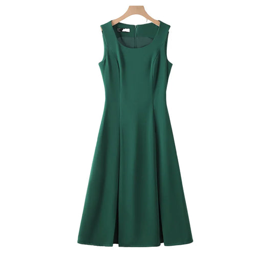 Load image into Gallery viewer, Woman Summer Black Beige Elegant Sleeveless Office Long Dresses Green Round Neck Sexy Zipper Pleated Vest Dress Vestidos Fashion
