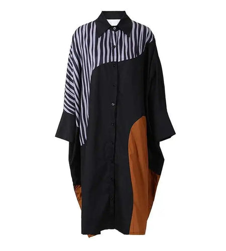 Women Black Striped Color-block Big Size Midi Shirt Dress New Lapel Long Sleeve Fashion Tide Spring Autumn 2025 1DD0068