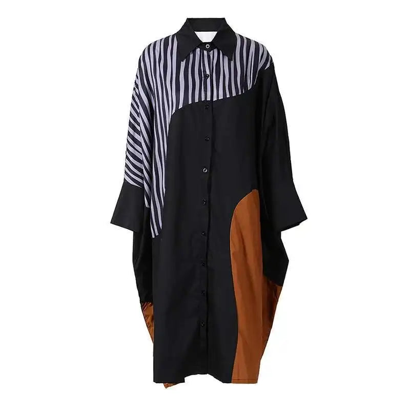 Women Black Striped Color-block Big Size Midi Shirt Dress New Lapel Long Sleeve Fashion Tide Spring Autumn 2025 1DD0068