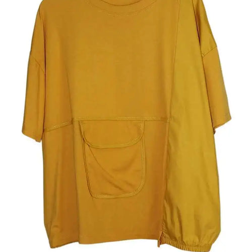 Load image into Gallery viewer, Women Black Pocket Irregular Spliced Big Size T-shirt New Round Neck Short Sleeve Fashion Tide Spring Summer 2025 1DJ0621
