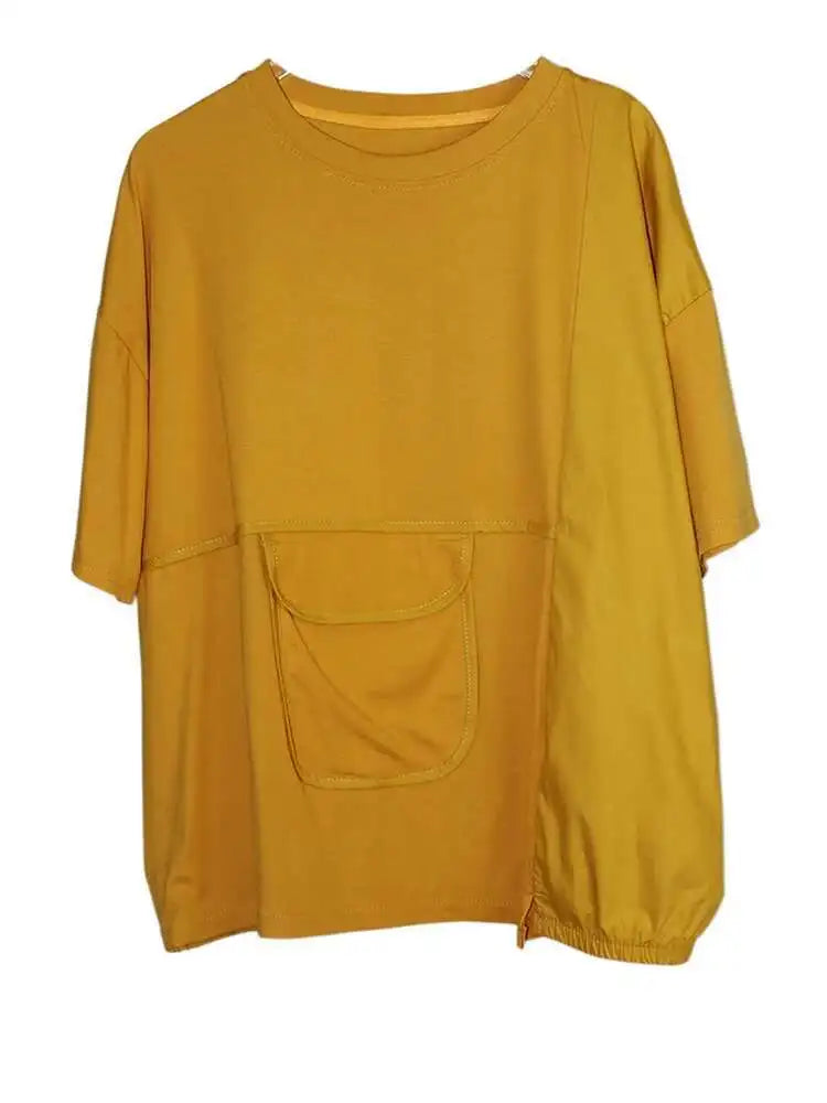 Women Black Pocket Irregular Spliced Big Size T-shirt New Round Neck Short Sleeve Fashion Tide Spring Summer 2025 1DJ0621