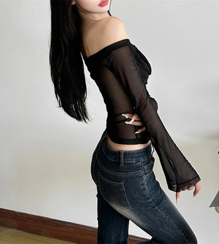 y2k Tops for Women Sexy Clothes Sheer Solid Color Off Shoulder Flared Long Sleeve Ruched Mesh T Shirts Club Streetwear