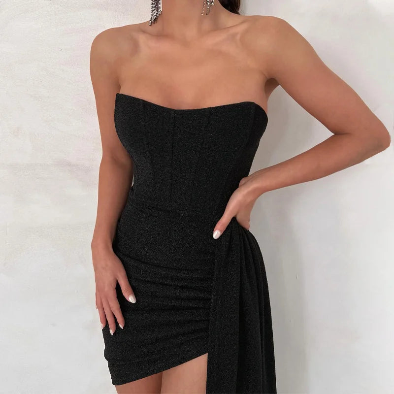 Elegant Strapless Lace-up Mini Dress For Women Robe 2023 New Off-shoulder Sleeveless Ruched Party Short Dress Vestido