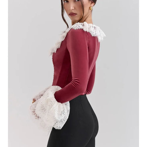 Load image into Gallery viewer, Fashion Lace Lace Korean Velvet Patchwork Elastic Tight Women's Top Sexy Bandage T-shirt Autumn/Winter Long Sleeve 2025
