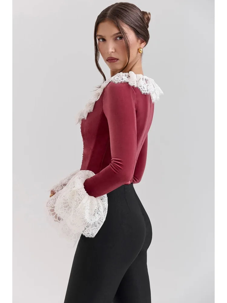 Fashion Lace Lace Korean Velvet Patchwork Elastic Tight Women's Top Sexy Bandage T-shirt Autumn/Winter Long Sleeve 2025