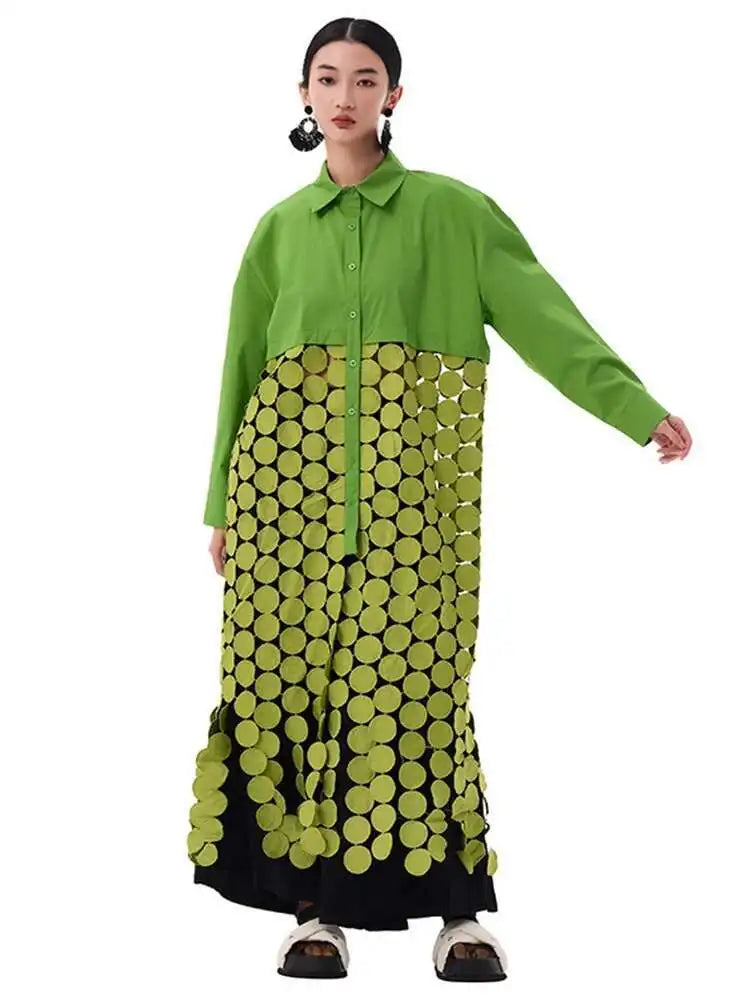 Women White Dot Tassels Hollow Out Midi Big Size Shirt Dress New Lapel Long Sleeve Fashion Tide Spring Autumn 2025 1DH9464