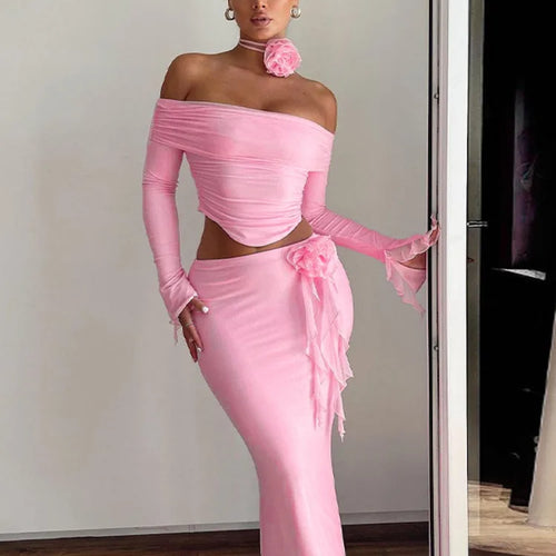 Load image into Gallery viewer, Elegant Halter 3D Flower Two Piece Sets Women Fashion Off-shoulder Tops And Maxi Skirt Matching Sets Bodycon Sexy Dress
