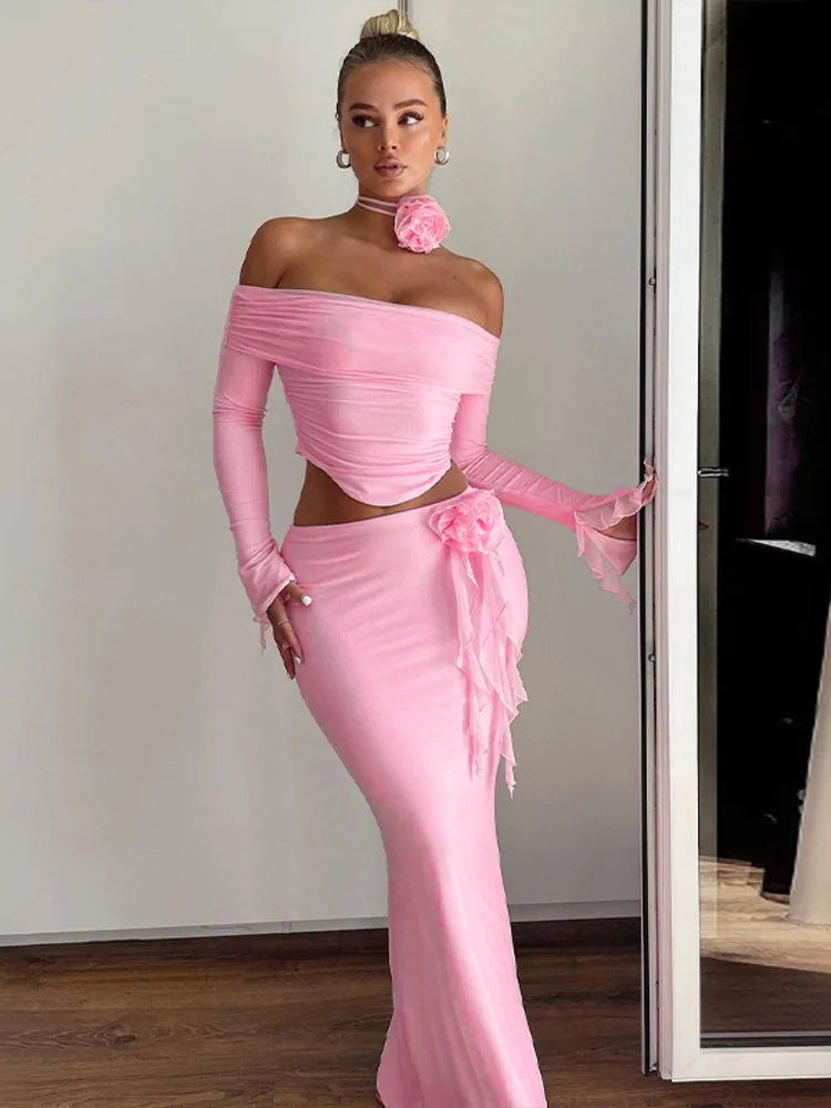 Elegant Halter 3D Flower Two Piece Sets Women Fashion Off-shoulder Tops And Maxi Skirt Matching Sets Bodycon Sexy Dress