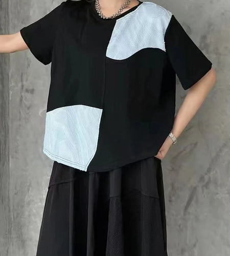 Women Black Color-block Textured Big Size T-shirt New Round Neck Short Sleeve Fashion Tide Spring Summer 2025 1DJ1220