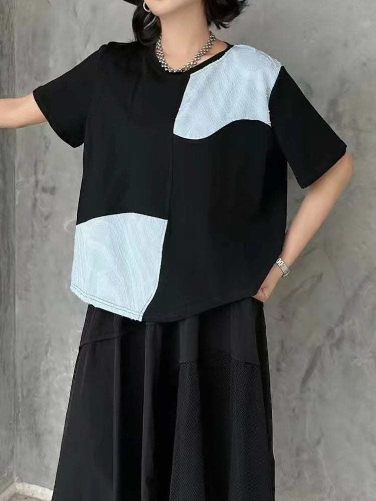 Women Black Color-block Textured Big Size T-shirt New Round Neck Short Sleeve Fashion Tide Spring Summer 2025 1DJ1220