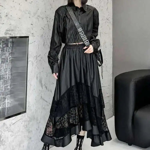 Load image into Gallery viewer, High Elastic Waist Black Pu Leather Lace Hem Casual Half-body Skirt Women Fashion Tide New Spring Autumn 2025 1DH7283
