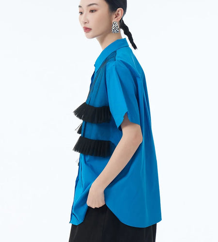 Women Blue Mesh Color-block Big Size Casual Blouse New Lapel Long Sleeve Shirt Fashion Tide Spring Autumn 2025 1DJ1248