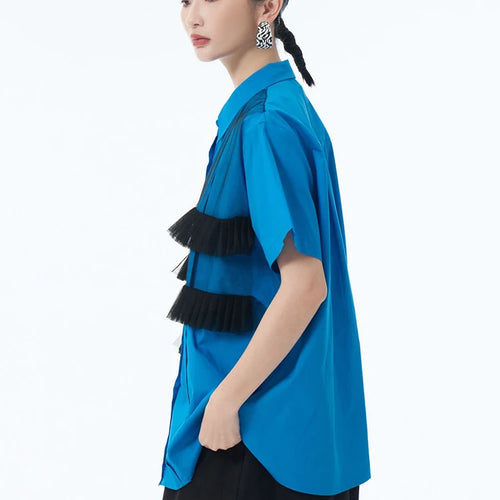 Load image into Gallery viewer, Women Blue Mesh Color-block Big Size Casual Blouse New Lapel Long Sleeve Shirt Fashion Tide Spring Autumn 2025 1DJ1248
