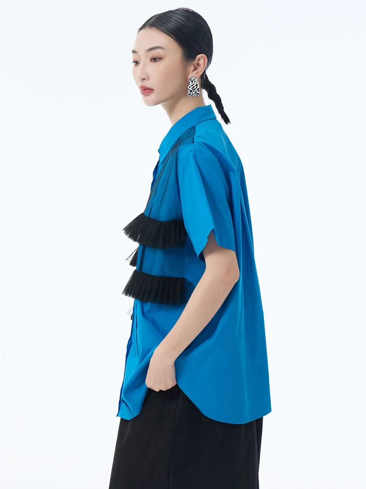 Women Blue Mesh Color-block Big Size Casual Blouse New Lapel Long Sleeve Shirt Fashion Tide Spring Autumn 2025 1DJ1248