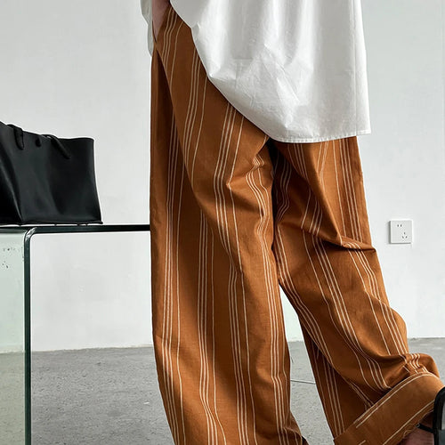 Load image into Gallery viewer, High Waist Brown Striped Linen Belted Long Wide Leg Pants New Trousers Women Fashion Tide Spring Autumn 2025 1DJ1558
