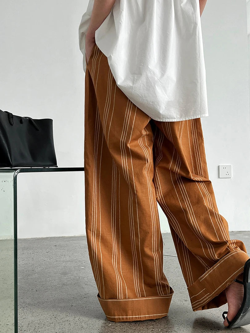 High Waist Brown Striped Linen Belted Long Wide Leg Pants New Trousers Women Fashion Tide Spring Autumn 2025 1DJ1558