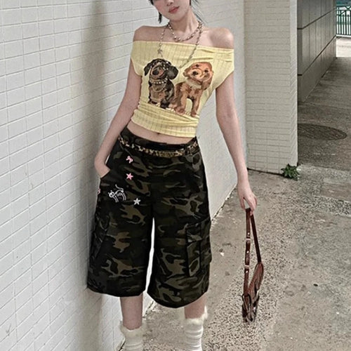 Load image into Gallery viewer, Women Harajuku Cartoon Printing Tops Y2k Aesthetic Sexy Slash Neck Fairy Tees Summer Slim Fit Streetwear Grunge Cropped Tshirts
