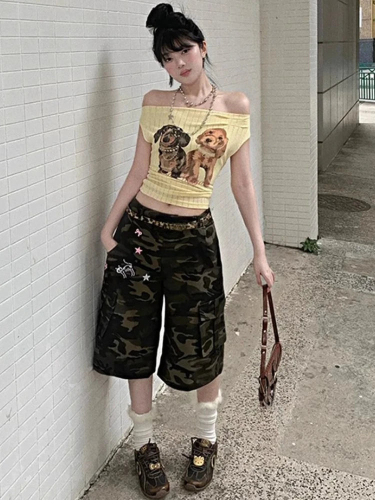 Women Harajuku Cartoon Printing Tops Y2k Aesthetic Sexy Slash Neck Fairy Tees Summer Slim Fit Streetwear Grunge Cropped Tshirts