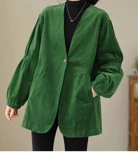 Women Green Retro Artistic Corduroy Blazer Jacket Spring Autumn V Neck Long Sleeve Versatile Loose High-end Workwear Suit Coats