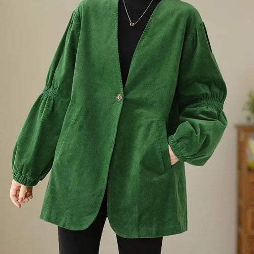 Load image into Gallery viewer, Women Green Retro Artistic Corduroy Blazer Jacket Spring Autumn V Neck Long Sleeve Versatile Loose High-end Workwear Suit Coats
