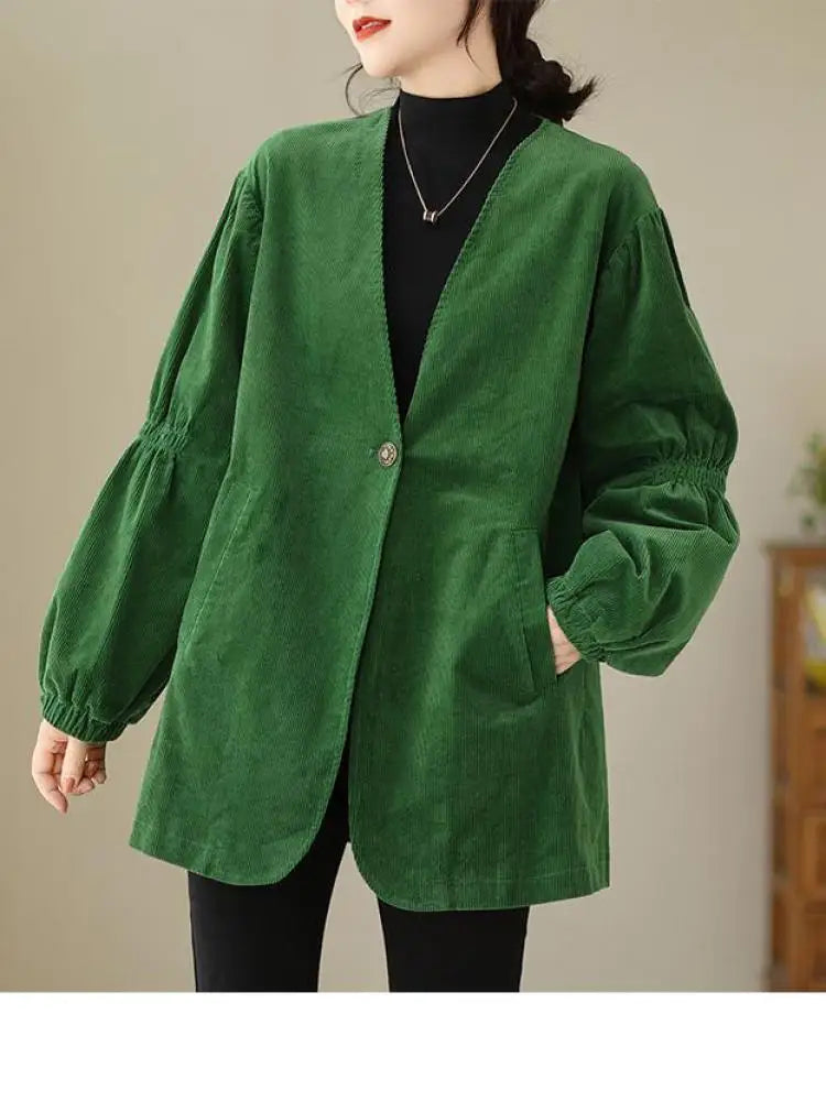 Women Green Retro Artistic Corduroy Blazer Jacket Spring Autumn V Neck Long Sleeve Versatile Loose High-end Workwear Suit Coats