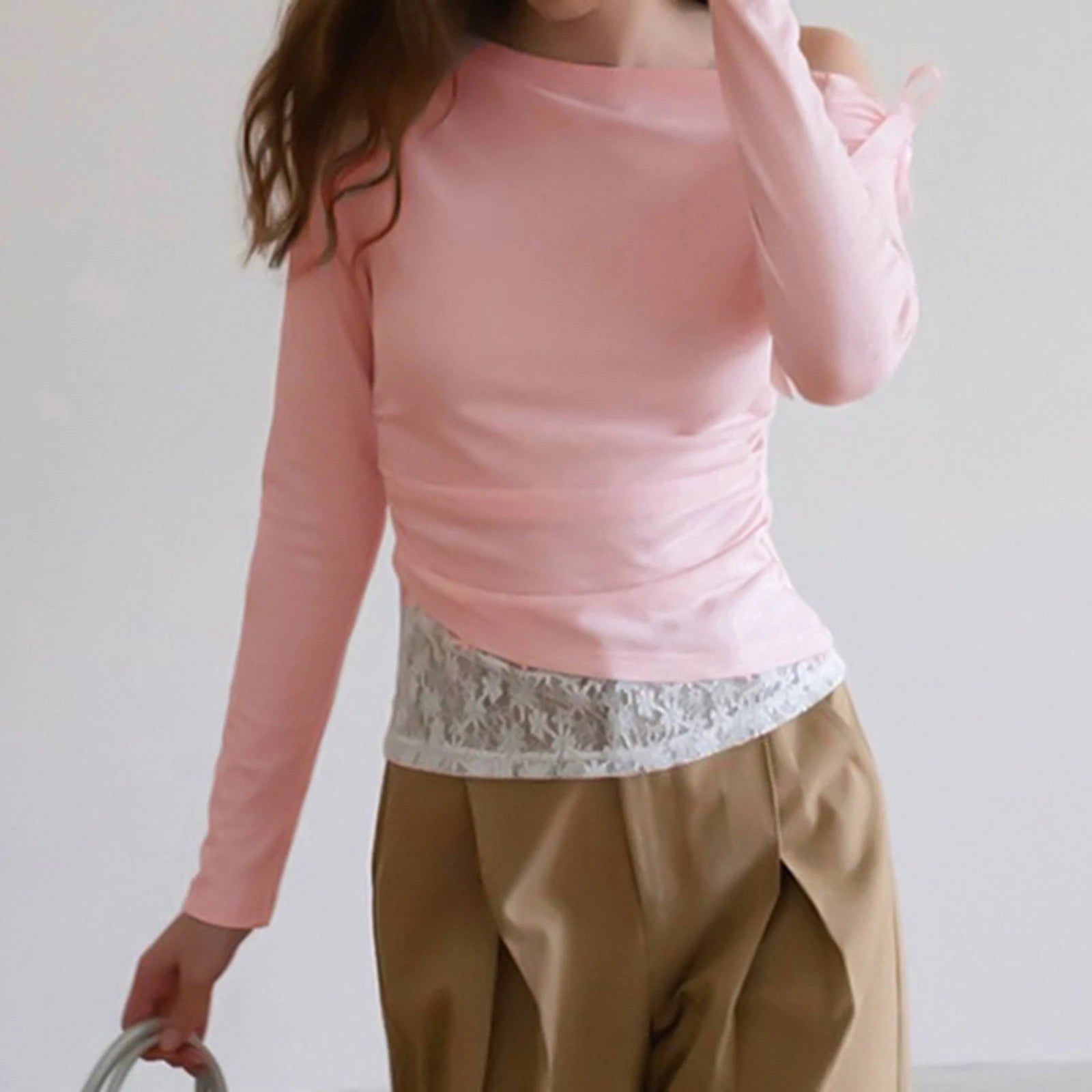 Coquette Crop Tops y2k Women Clothing Bow Lace Patchwork Off Shoulder Long Sleeve T Shirts 2000s Clothes Streetwear