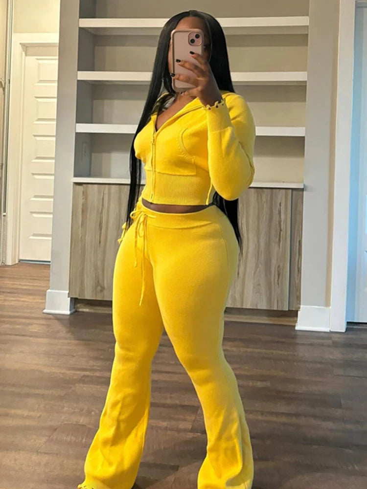 Sporty 2 Piece Set Women Hooded Cardigan Crop Jacket+Drawstring Straight Pants Fit Simple Classic Basic Casual Tracksuit