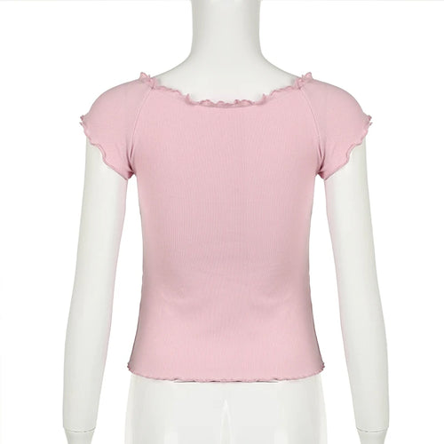 Load image into Gallery viewer, Sweet Pink Korean Slim Summer T-shirts for Women Folds Frill Coquette Clothes Top Tee Appliques Girls Short Sleeve
