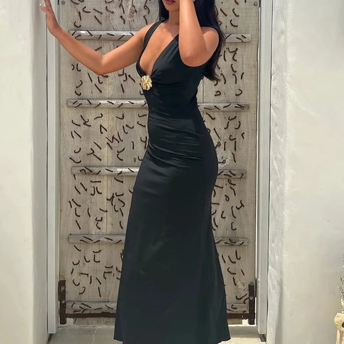 Load image into Gallery viewer, Elegant Deep V Neck Front Gold Clasp Sexy Maxi Dress For Women Black Gown Sleeveless Slim Fit Long Tank Dress Elegant
