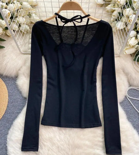 Korean Women's Black Hollow Out Halter Lace-up Short T Shirt Autumn Long Sleeve Slim Pullover Tops Simplicity Popular Clothing