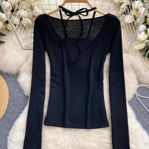 Load image into Gallery viewer, Korean Women's Black Hollow Out Halter Lace-up Short T Shirt Autumn Long Sleeve Slim Pullover Tops Simplicity Popular Clothing
