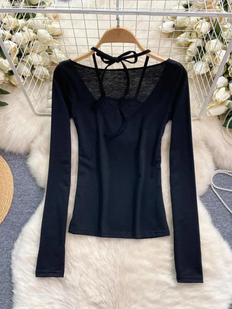 Korean Women's Black Hollow Out Halter Lace-up Short T Shirt Autumn Long Sleeve Slim Pullover Tops Simplicity Popular Clothing