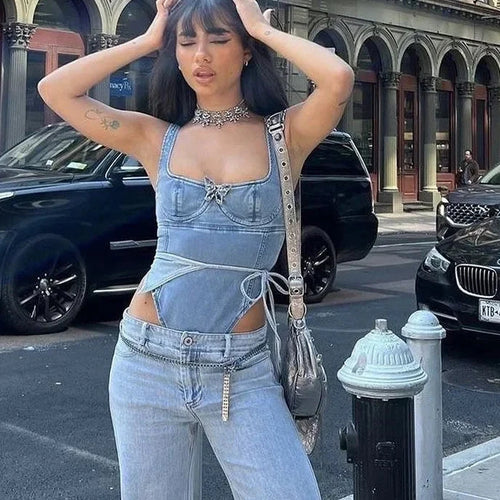 Load image into Gallery viewer, Blue Denim Trending Tops Women 2024 Square Neck Crop Tank Top Y2k Streetwear Retro Busiter Corset P71-BI16
