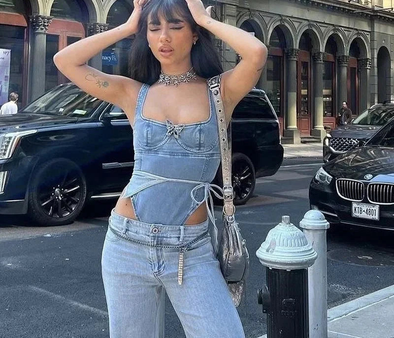 Blue Denim Trending Tops Women 2024 Square Neck Crop Tank Top Y2k Streetwear Retro Busiter Corset P71-BI16