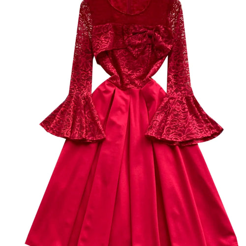 Load image into Gallery viewer, French Women Red Patchwork Lace Birthday Evening Party Dresses Autumn Round Neck Elegant Festival Long Sleeved Bow Pleated Dress
