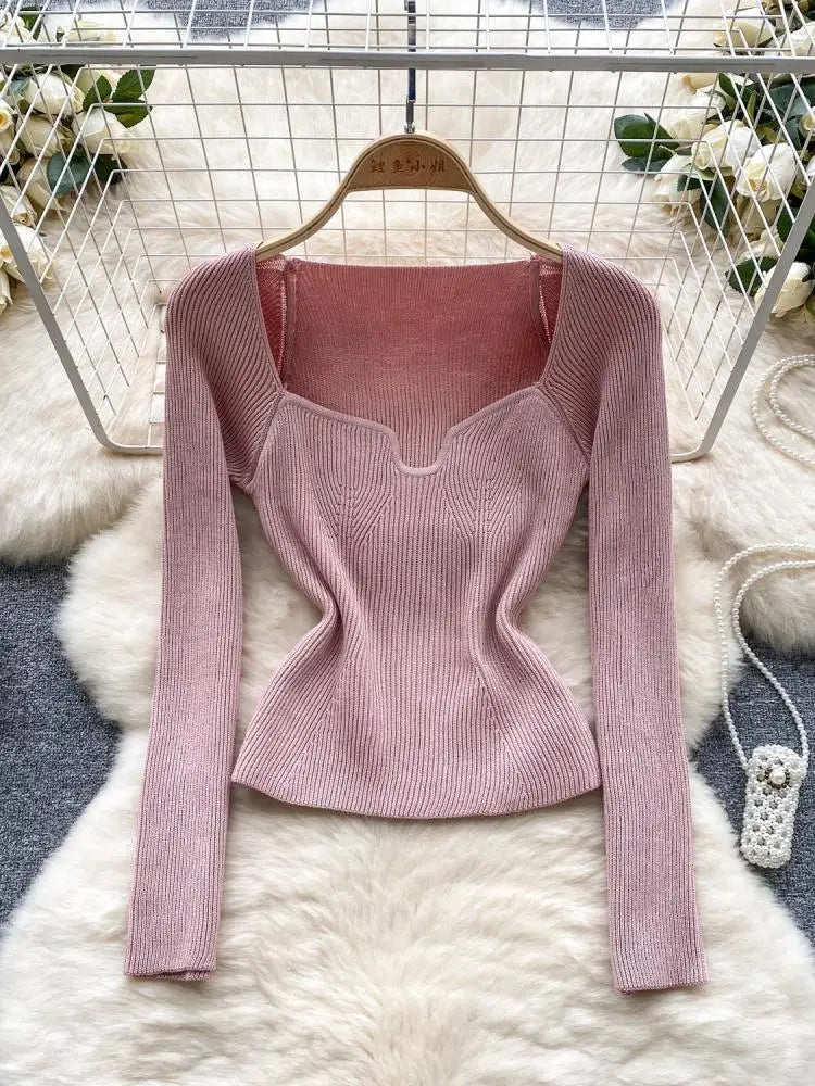 Fashion Solid Knitted Square Collar Long Sleeves Slim Fit Tops Women France Autumn Office Lady Elegant Pullover Sweater Popular