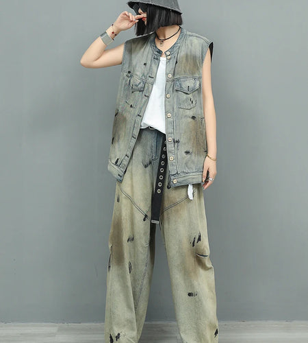 Big Size Denim Vest Wide Leg Pants Two Piece Suit New Round Neck Sleeveless Women Fashion Tide Spring Autumn 2025 1DJ0966