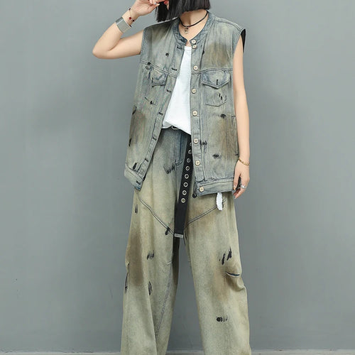 Load image into Gallery viewer, Big Size Denim Vest Wide Leg Pants Two Piece Suit New Round Neck Sleeveless Women Fashion Tide Spring Autumn 2025 1DJ0966
